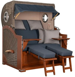 Strandkorb Baltikum mit Bullaugen und luxuriösem Mahagoni-Geflecht in Grau, 2,5 Sitzer XL für ultimativen Komfort.