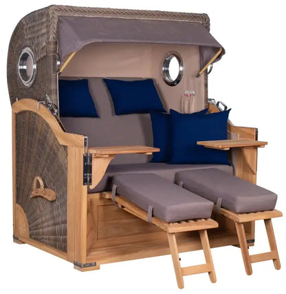 Strandkorb Baltikum Bullaugen Teak Geflecht PE grey 2,5-Sitzer XL mit gemütlichen Sitzpolstern und Fußstützen