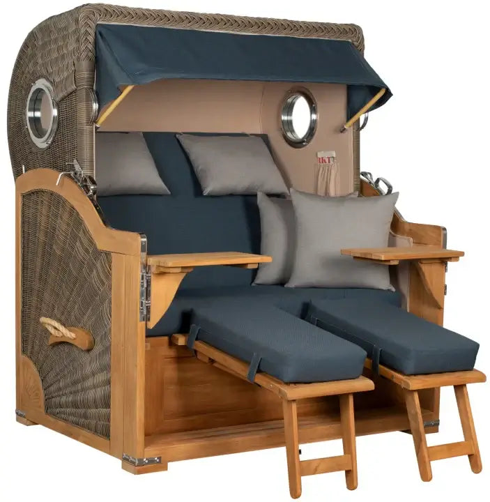 Strandkorb Baltikum Bullaugen Teak Geflecht PE grey 2,5-Sitzer XL mit bequemen Auflagen und Seitentischen