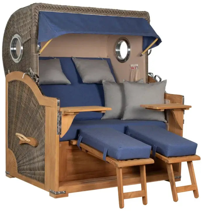 Strandkorb Baltikum Bullaugen Teak Geflecht PE grey 2,5-Sitzer XL mit komfortablen Kissen und Liegeflächen