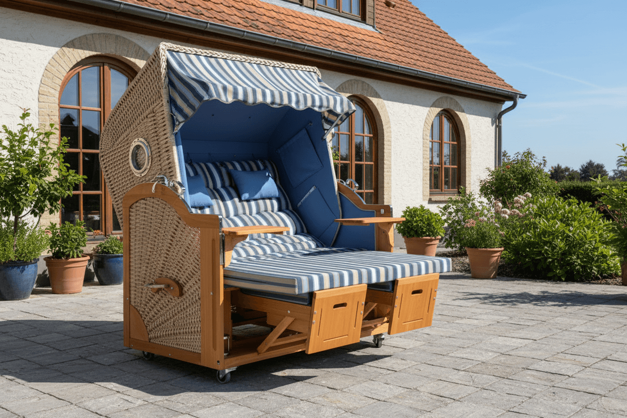 Strandkorb Prieß Modell Meister aus Lärche mit PE Geflecht naturoptik und blau gestreiftem Stoffdessin auf Terrasse vor Haus