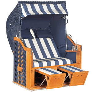 Strandkorb Sonnenpartner Modell Classic in blau, Holz lasiert mit blau-weißem Dessin, 2-Sitzer mit Fußablagen und Fahrrollen.