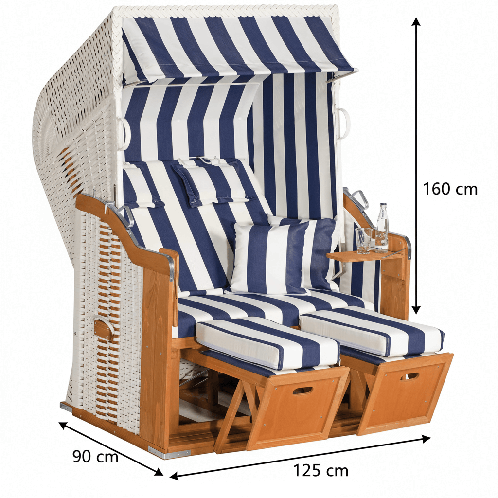 Strandkorb SunnySmart Rustikal 250 Plus weißes PVC-Geflecht mit blau weißen Streifen, 2-Sitzer Halbliege, Maße 160 x 125 x 90 cm