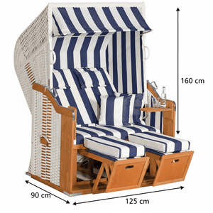 Strandkorb SunnySmart Rustikal 250 Plus weißes PVC-Geflecht mit blau weißen Streifen, 2-Sitzer Halbliege, Maße 160 x 125 x 90 cm