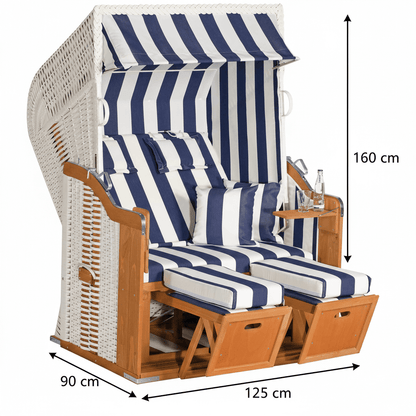 Strandkorb SunnySmart Rustikal 250 Plus weißes PVC-Geflecht mit blau weißen Streifen, 2-Sitzer Halbliege, Maße 160 x 125 x 90 cm