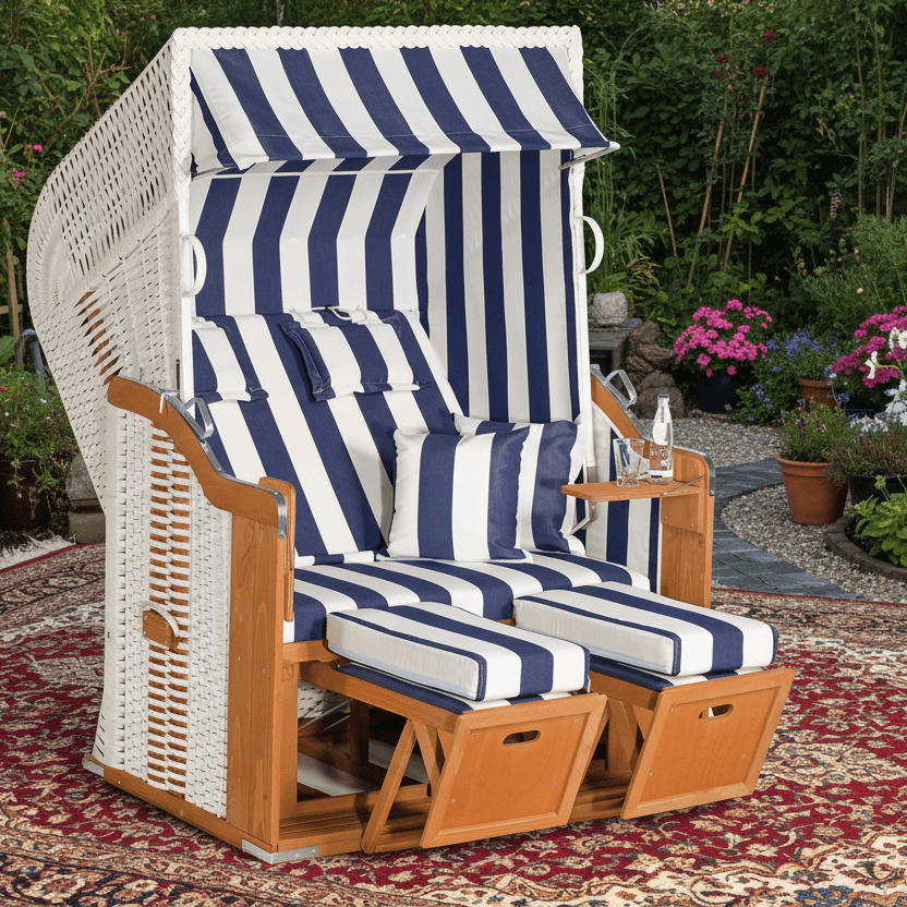 Strandkorb SunnySmart Rustikal 250 Plus in weißem PVC-Geflecht mit blau-weiß gestreifter Polsterung als Halbliege für zwei Personen im Garten
