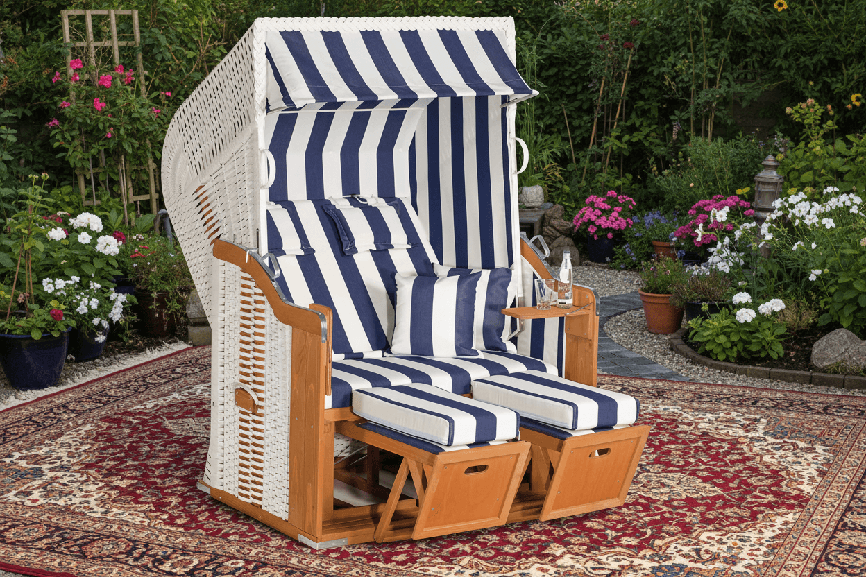 Strandkorb SunnySmart Rustikal 250 Plus weißes PVC-Geflecht, blau-weiß gestreift, 2-Sitzer Halbliege im Garten auf Teppich