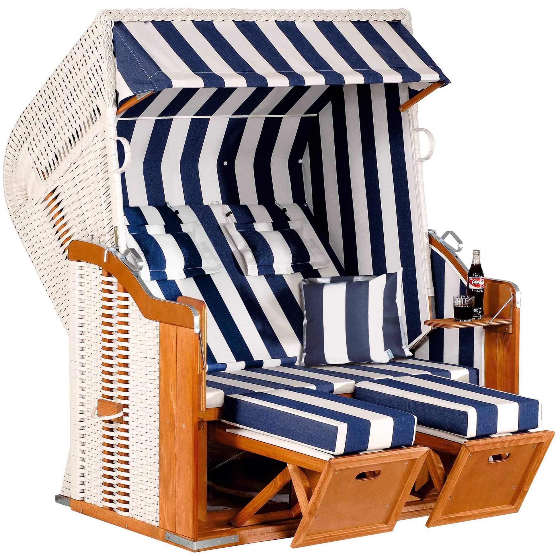 Strandkorb SunnySmart Rustikal 250 XL Plus in blau weiss gestreift mit PVC-Geflecht weiss und ausklappbaren Fussstützen