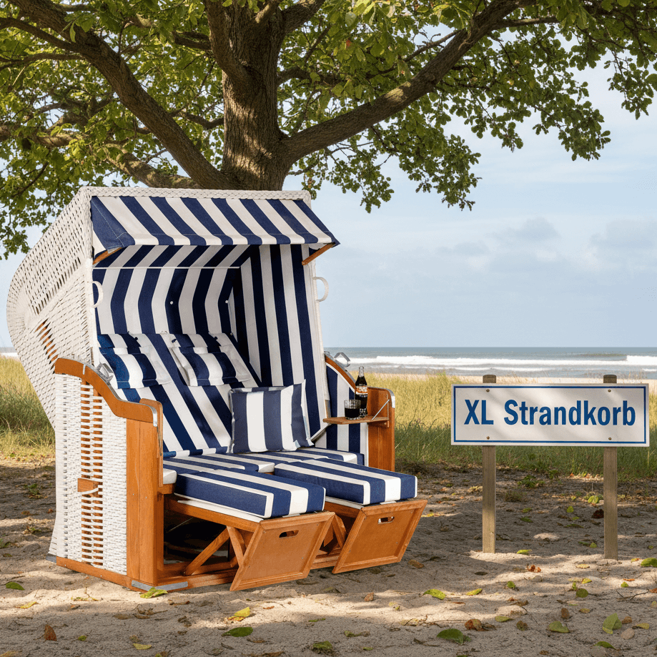 Strandkorb SunnySmart Rustikal 250 XL Plus blau weiss gestreift aus PVC-Geflecht am Strand unter Baum mit Blick aufs Meer