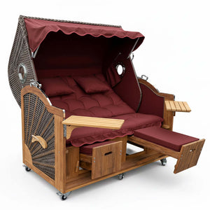 Strandkorb Prieß Modell Meister aus Iroko Holz mit PE Geflecht cappuccino und bordeauxroten Polstern, luxuriöser Zweisitzer