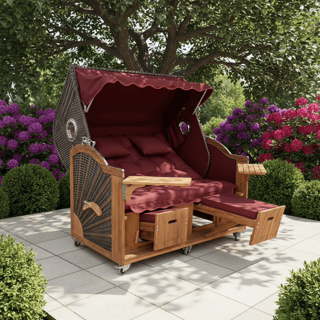 Strandkorb Prieß Modell Meister aus Iroko Holz mit PE Geflecht cappuccino und weinrotem Stoffdessin im Garten auf Terrasse