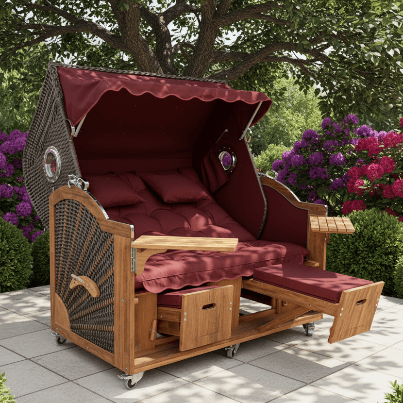 Strandkorb Prieß Modell Meister aus Iroko Holz mit PE Geflecht cappuccino und weinroter Polsterung im Garten, Größe wählbar