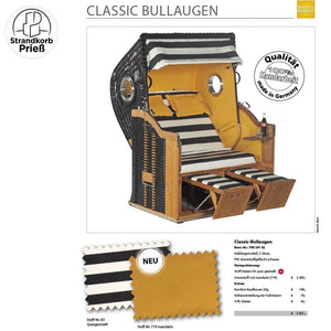 Strandkorb Sonnenpartner Modell Classic Bullaugen mit schwarz-weißem Streifenmuster und Holzdetails.
