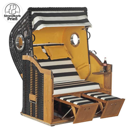 Strandkorb Sonnenpartner Modell Classic in anthrazit mit Holz lasiert, 2-Sitzer Halbliegemodell und PVC Kunststoffgeflecht.