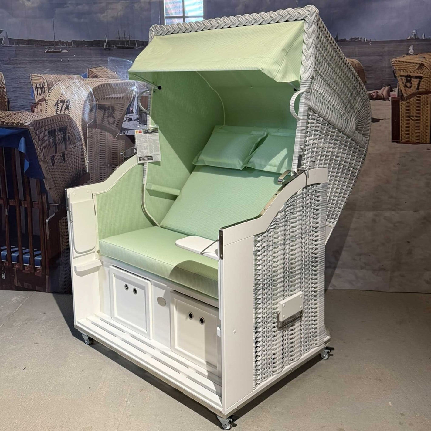 Strandkorb Sonnenpartner Modell Classic PE white-washed, Holz weiß, Dessin Mintgrün 72