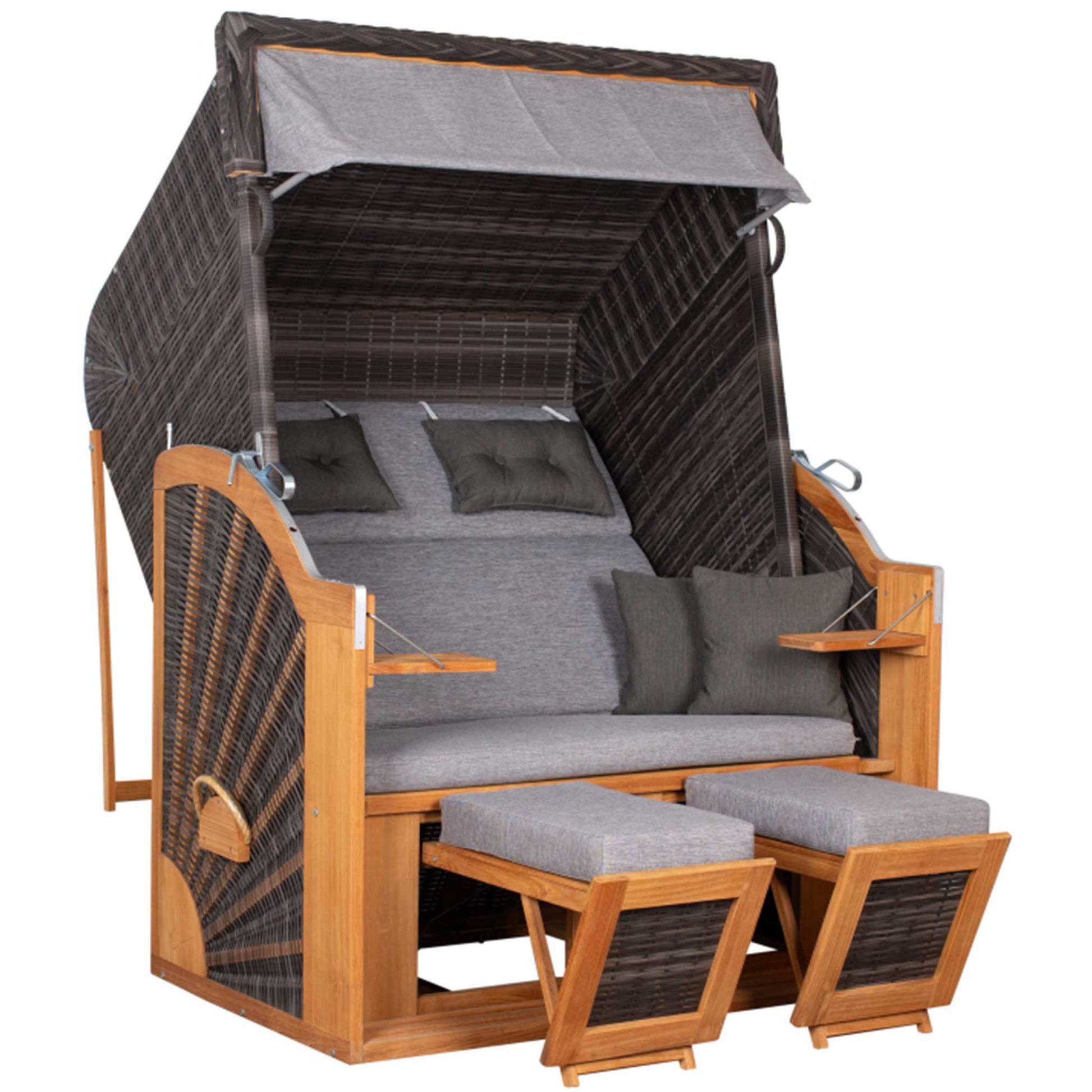 Strandkorb Trendy PURE Classic XL SUN Teak stone grey Dessin 466 mit Fußstützen und verstellbarem Sonnendach
