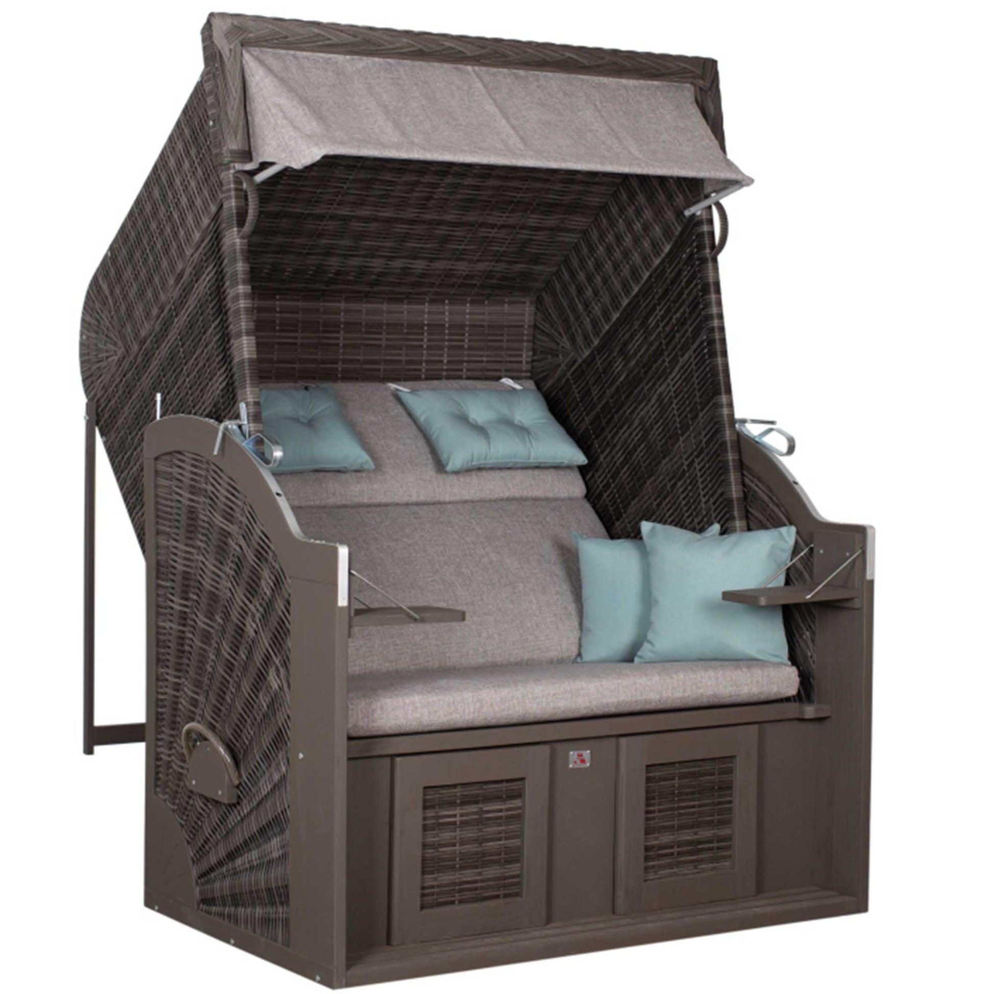 Strandkorb Trendy PURE Classic XL SUN PE stone grey Dessin 488 mit grauem Geflecht und hellblauen Kissen für Terrasse oder Garten