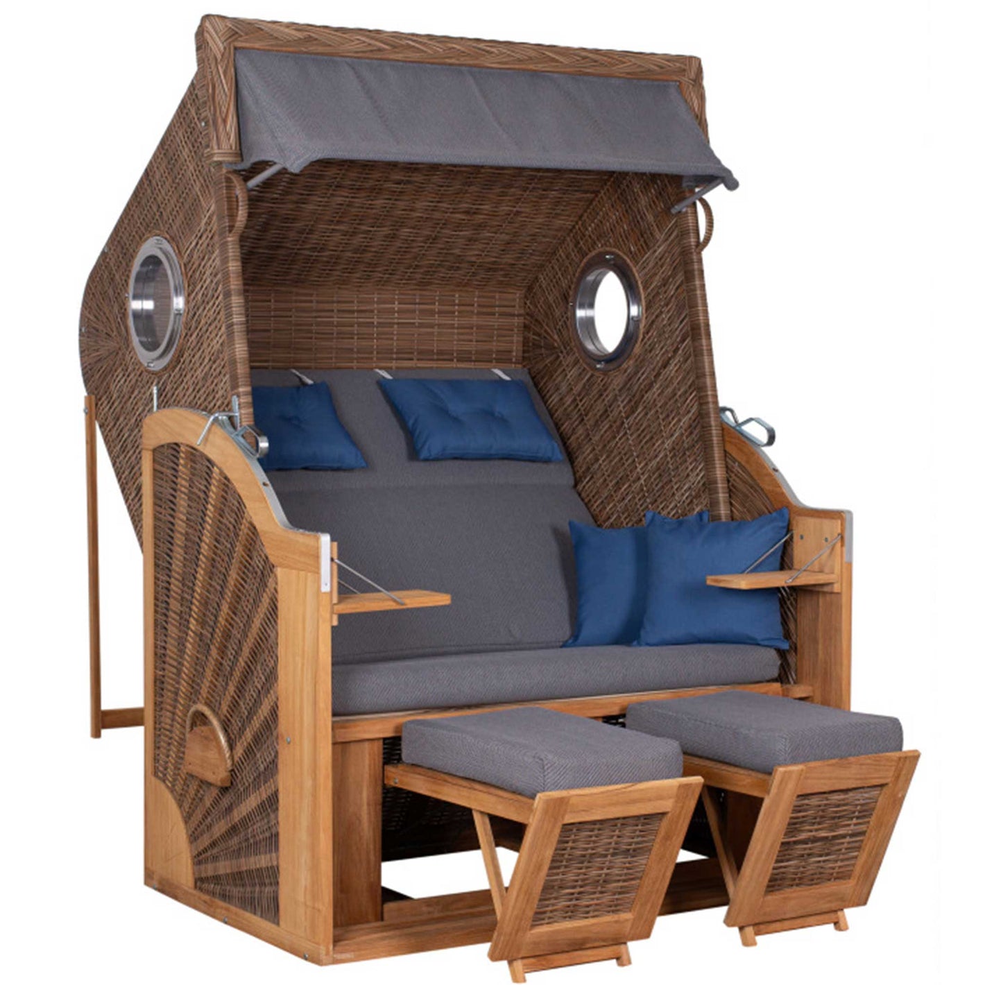 Strandkorb Trendy PURE Cliff XL SUN mit Bullaugen aus Teak und PE griseum Dessin 486, XL Komfort-Strandkorb mit Fußstützen