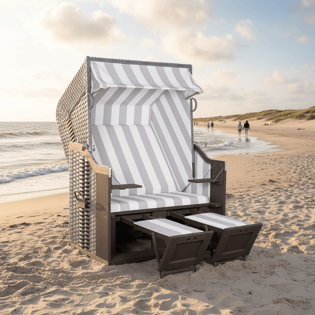 Strandkorb Trendy Profi Ostsee Fehmarn Mahagoni grey PE grey Dessin 989 mit Folie am Sandstrand bei Sonnenuntergang