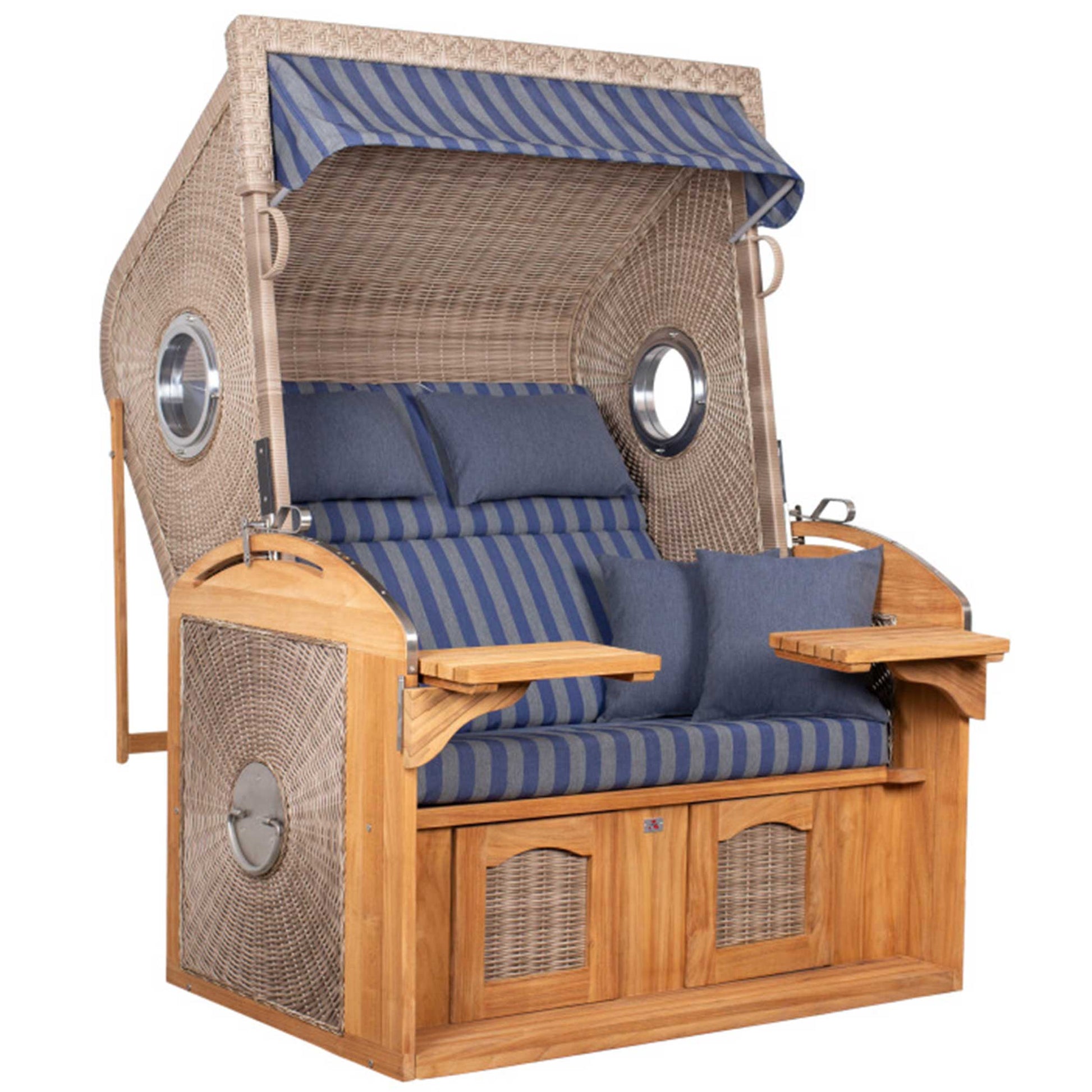 Strandkorb deVries Sailor PURE Teak XL PE white kubu Dessin 249 mit Bullaugen und blauen Polstern