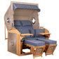 Strandkorb deVries Sailor PURE Teak XL PE white kubu Dessin 249 mit Bullaugen und blauen Polstern