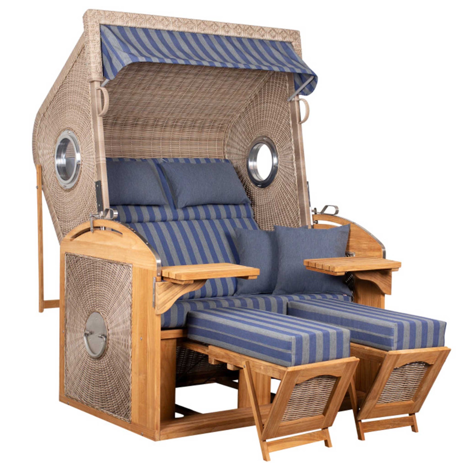 Strandkorb deVries Sailor PURE Teak XL PE white kubu Dessin 249 mit Bullaugen und blauen Polstern