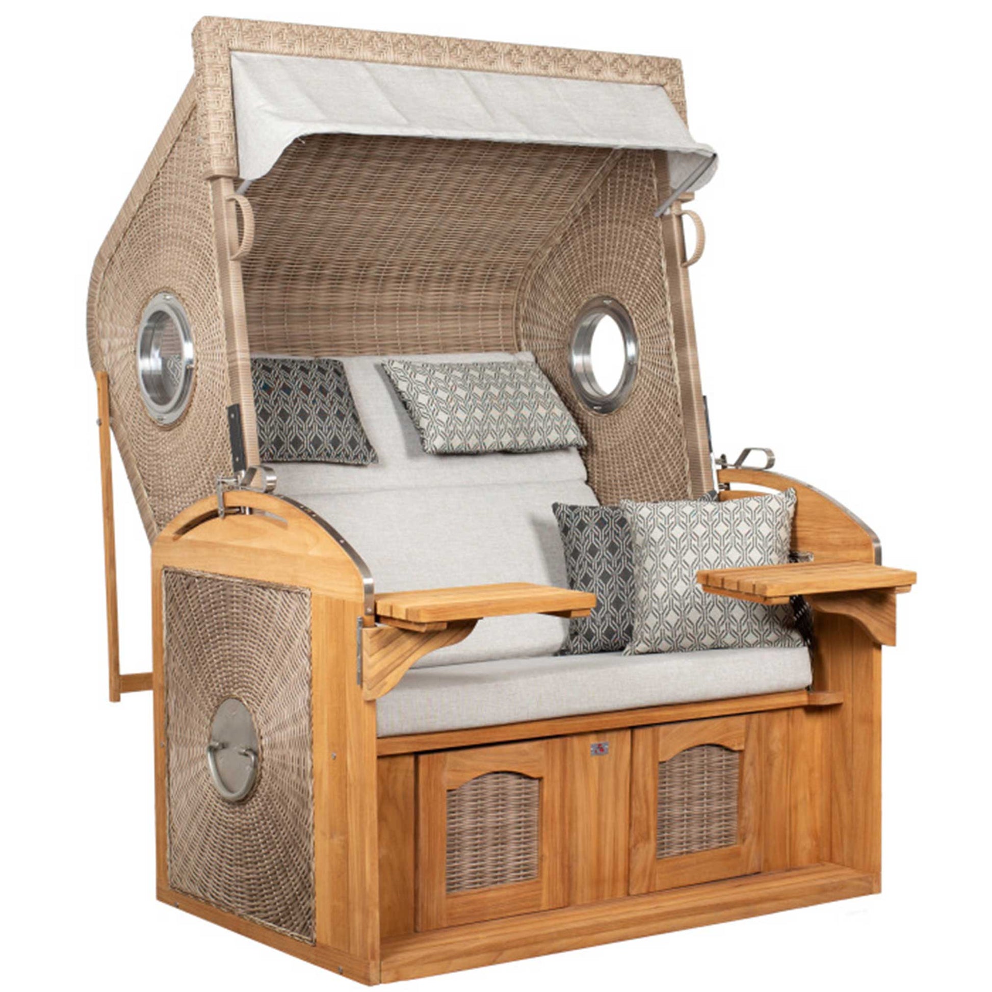 Strandkorb deVries Sailor PURE Teak XL aus Teakholz brushed mit PE-Geflecht white kubu und Dessin 507, Doppel-Strandkorb mit Bullaugen