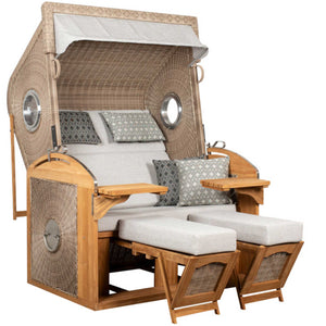 Strandkorb deVries Sailor PURE Teak XL PE white kubu Dessin 507 mit Bullaugen und Fußstützen, hochwertiger Teakholz-Strandkorb