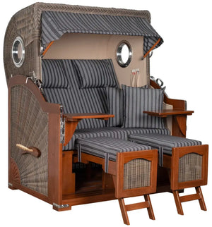 Strandkorb Mr. Deko Düne Bullaugen aus Mahagoni PE grey, Zweisitzer mit luxuriösem Design und gemütlichem Sitzkomfort.