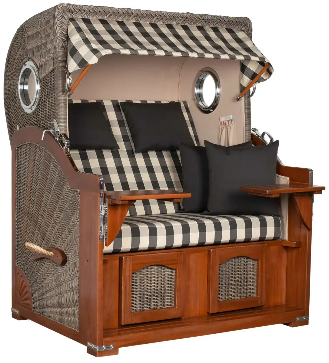 Strandkorb Mr. Deko Düne Bullaugen Mahagoni PE grey 2-Sitzer mit luxuriösem Design für gemütliches Sitzen.