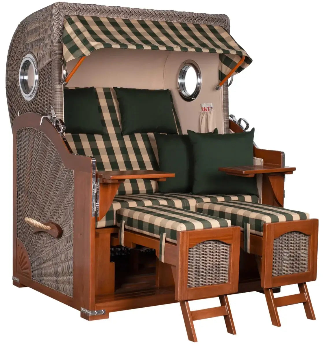Strandkorb Mr. Deko Düne Bullaugen Mahagoni PE grey 2-Sitzer mit komfortablem Design und stilvollem Ambiente.