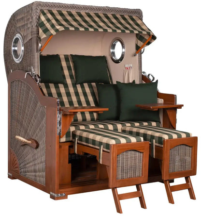 Strandkorb Mr. Deko Düne Bullaugen Mahagoni PE grey 2-Sitzer mit komfortablem Design und stilvollem Ambiente.
