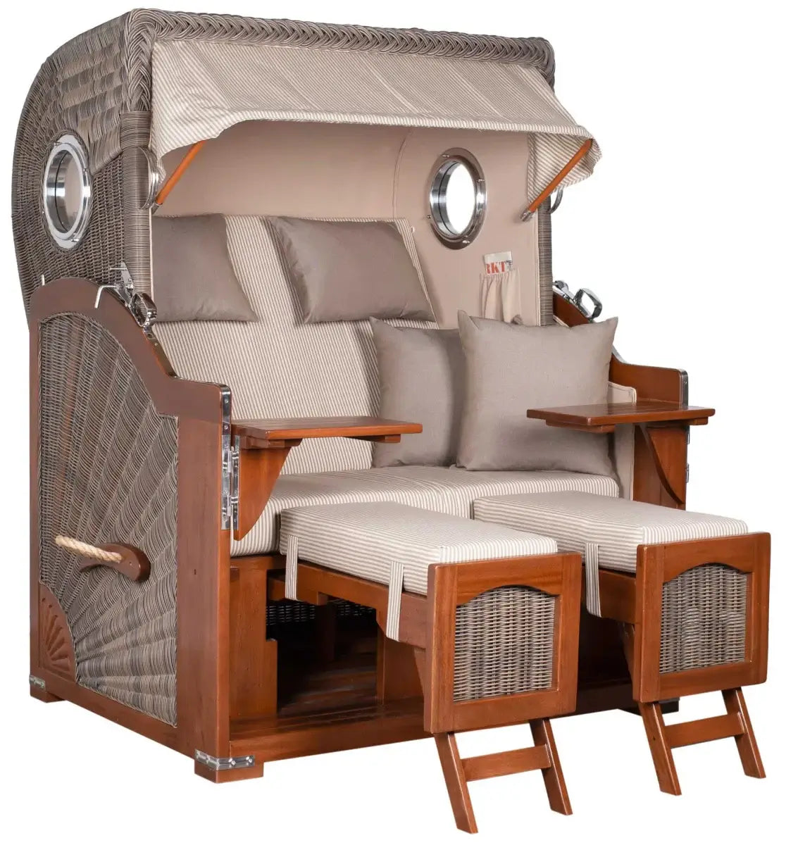 Strandkorb Mr. Deko Düne Bullaugen Mahagoni PE grey 2-Sitzer mit gemütlicher Polsterung und stilvollem Design