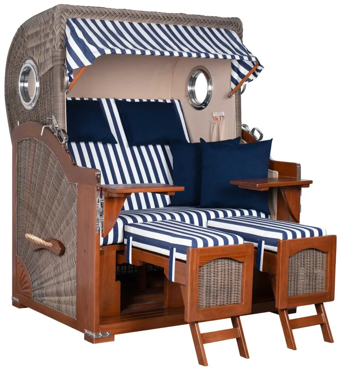 Strandkorb Mr. Deko Düne Bullaugen Mahagoni PE grey 2-Sitzer mit bequemen Kissen und schickem Design.