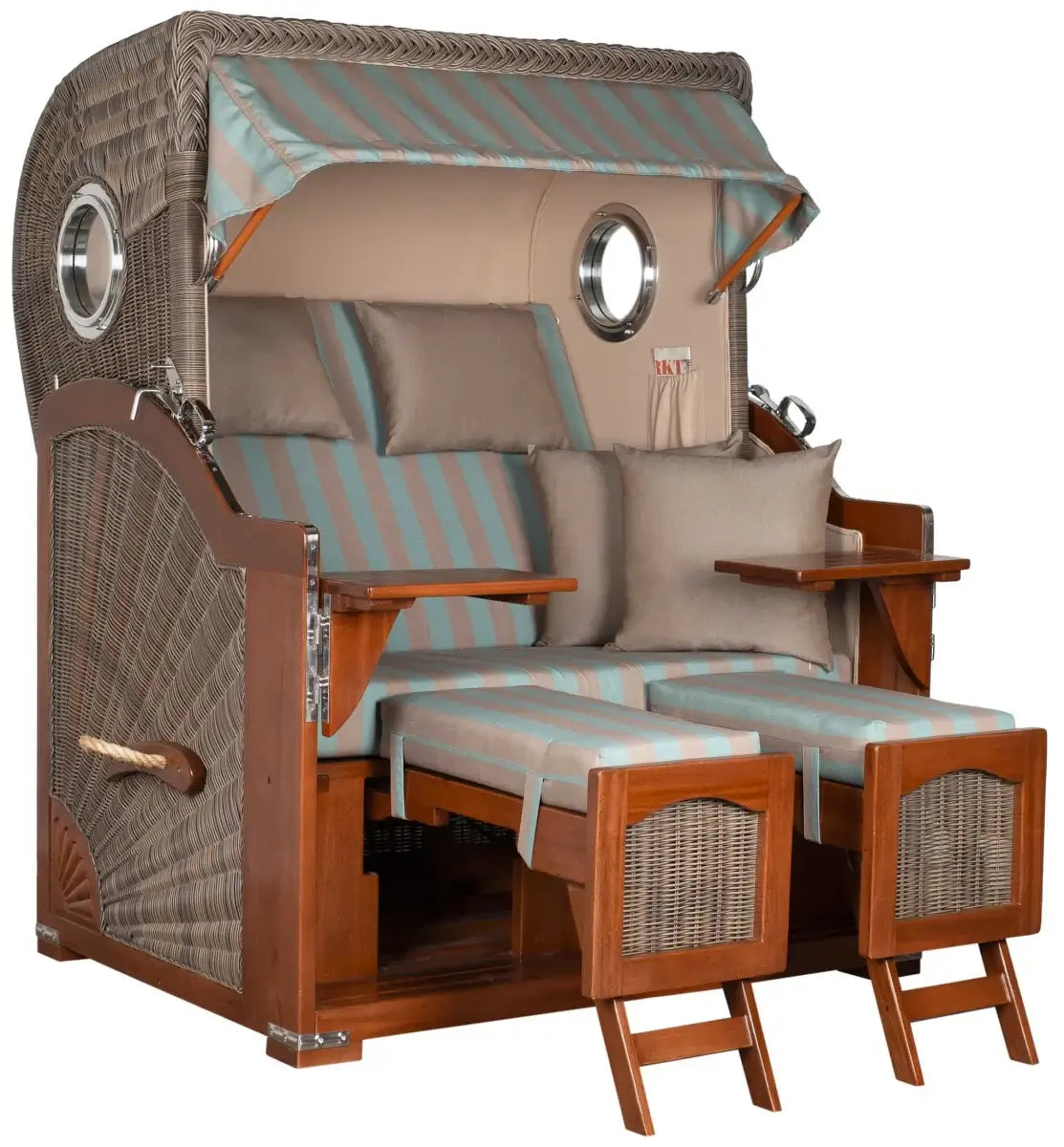 Strandkorb Mr. Deko Düne Bullaugen Mahagoni PE grey 2-Sitzer mit Bullaugen-Design und luxuriöser Ausstrahlung.