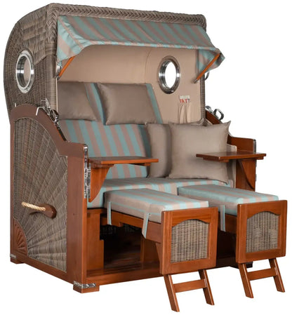Strandkorb Mr. Deko Düne Bullaugen Mahagoni PE grey 2-Sitzer mit Bullaugen-Design und luxuriöser Ausstrahlung.