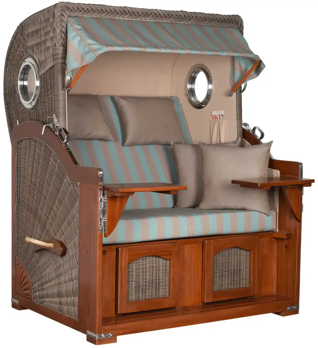 Strandkorb Mr. Deko Düne Bullaugen Mahagoni PE grey 2-Sitzer mit stilvollem Design und luxuriösem Ambiente.