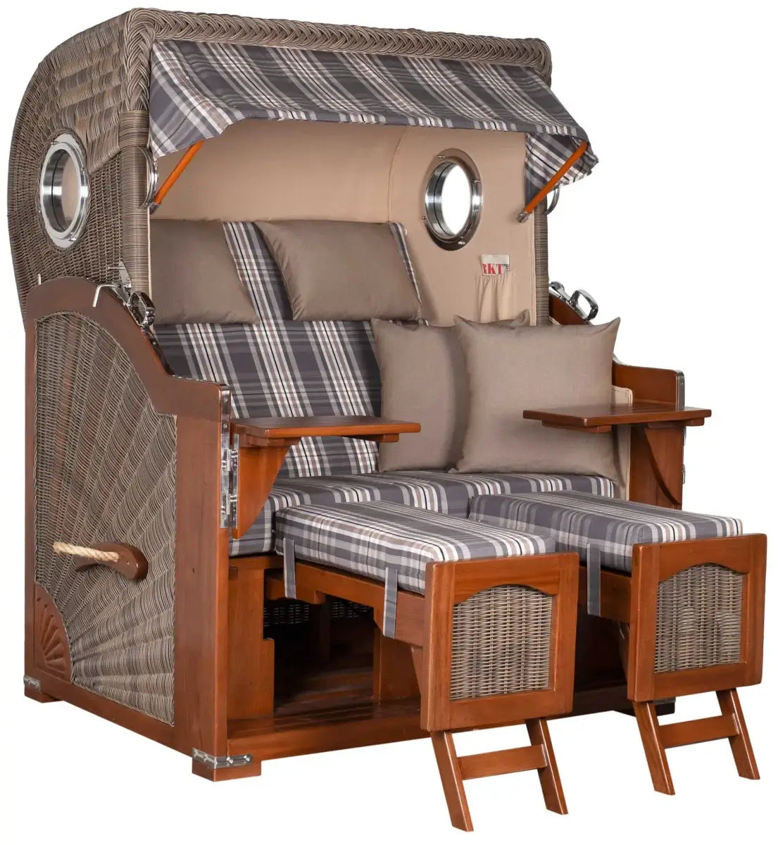 Strandkorb Mr. Deko Düne Bullaugen Mahagoni PE grey 2-Sitzer mit stilvollen Kissen und luxuriösem Design.
