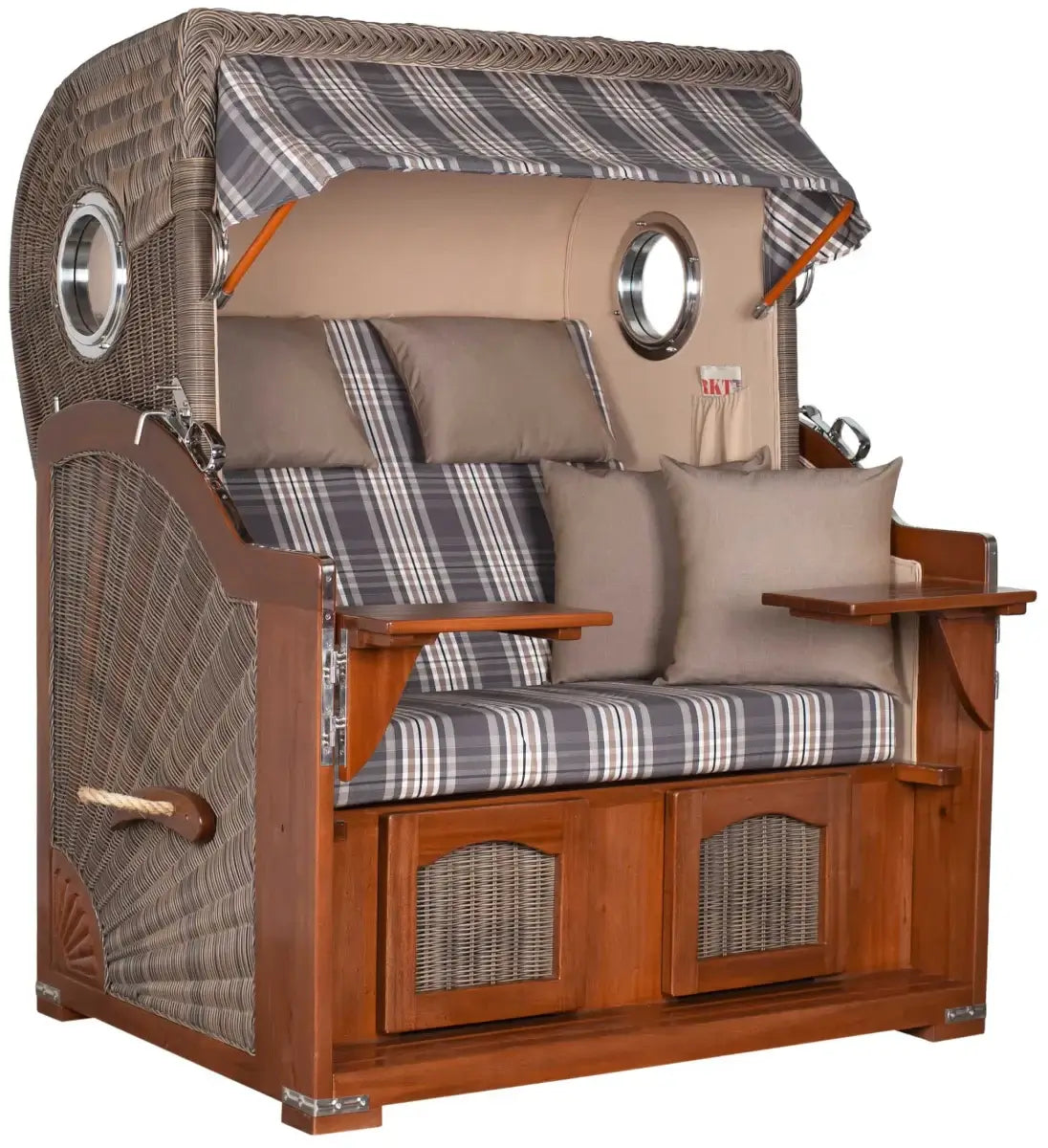 Strandkorb Mr. Deko Düne Bullaugen Mahagoni PE grey 2-Sitzer mit komfortablen Kissen und stilvollem Design.