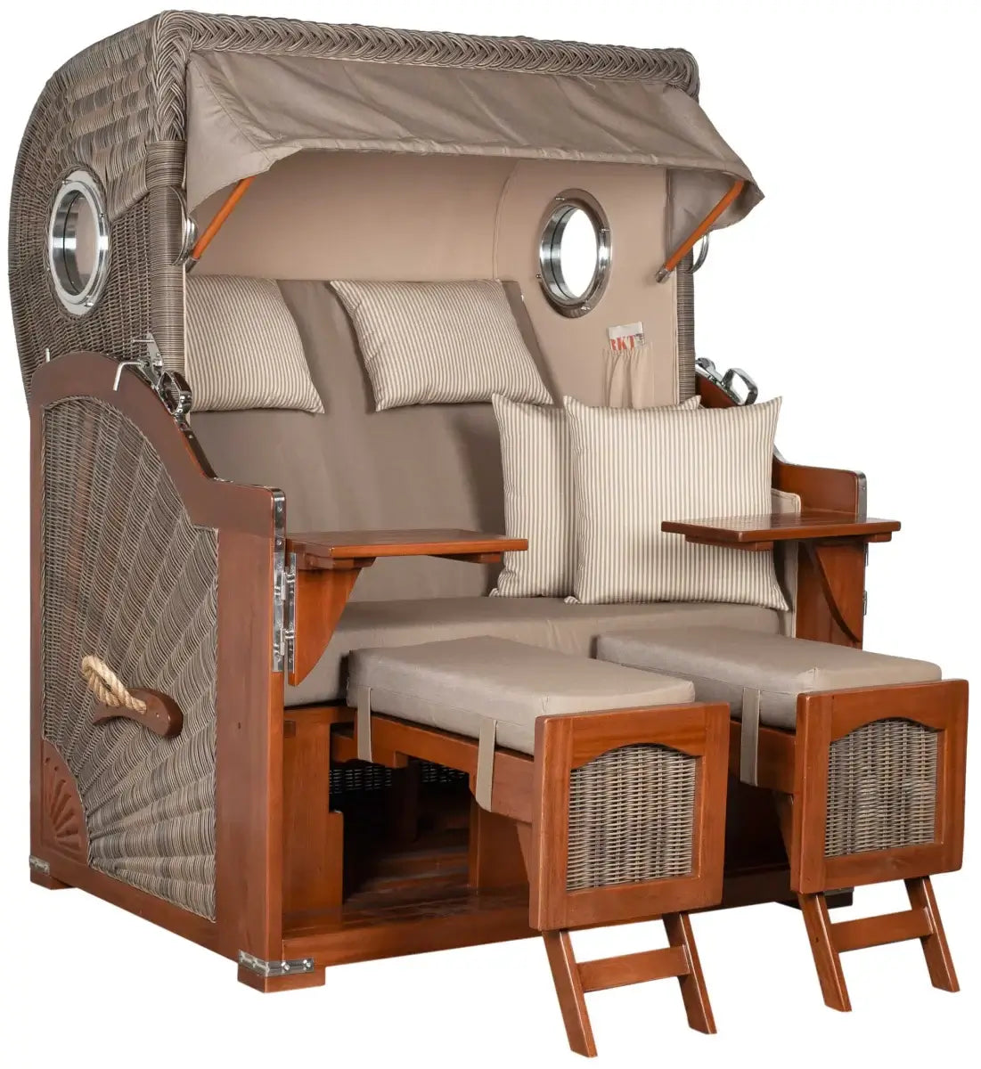 Strandkorb Mr. Deko Düne mit Bullaugen-Design, Mahagoni-Holz, grau, komfortabler Zweisitzer für Terrasse.