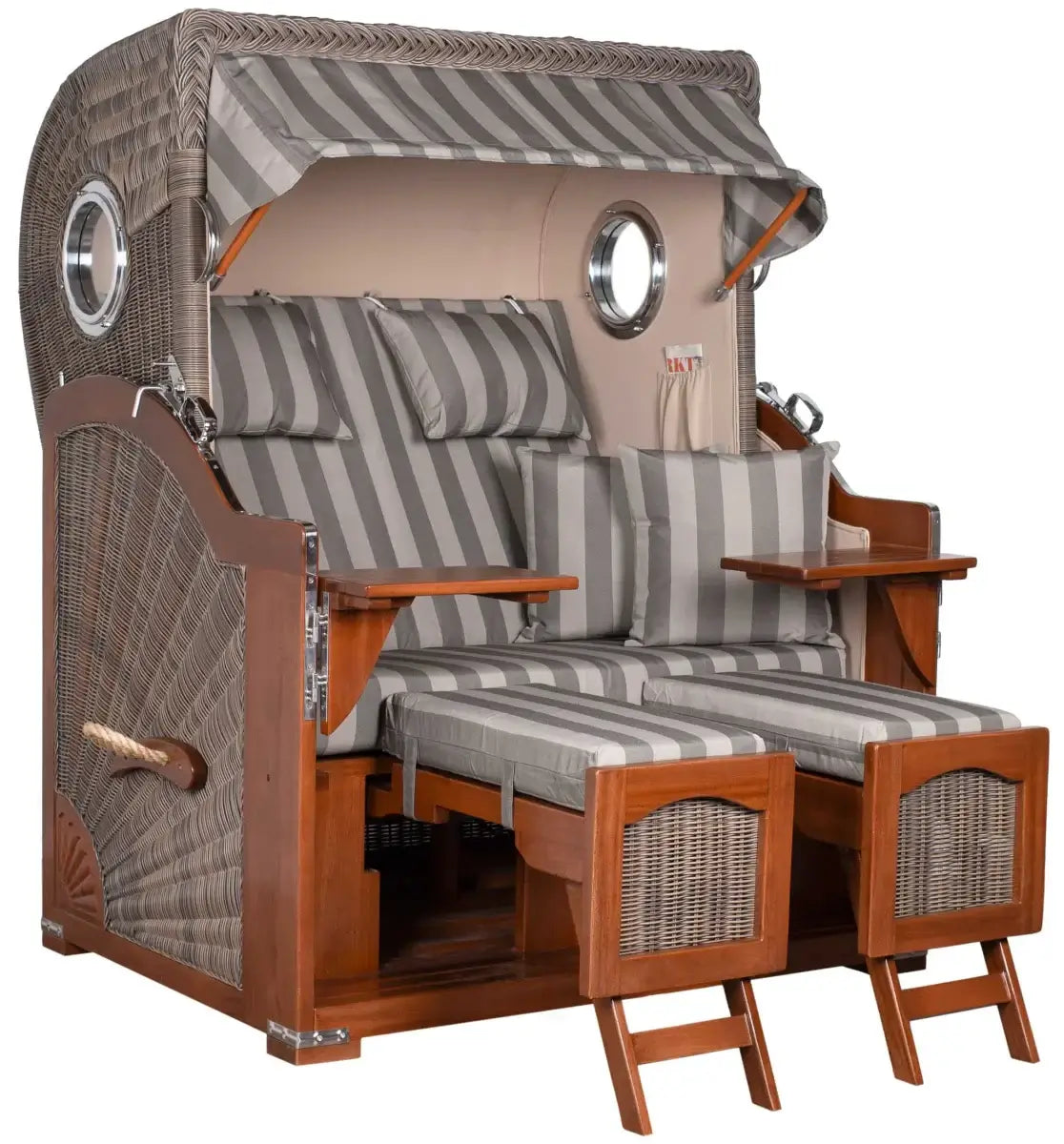 Strandkorb Mr. Deko Düne Bullaugen Mahagoni PE grey 2-Sitzer mit gemütlichem Design und luxuriösem Ambiente.