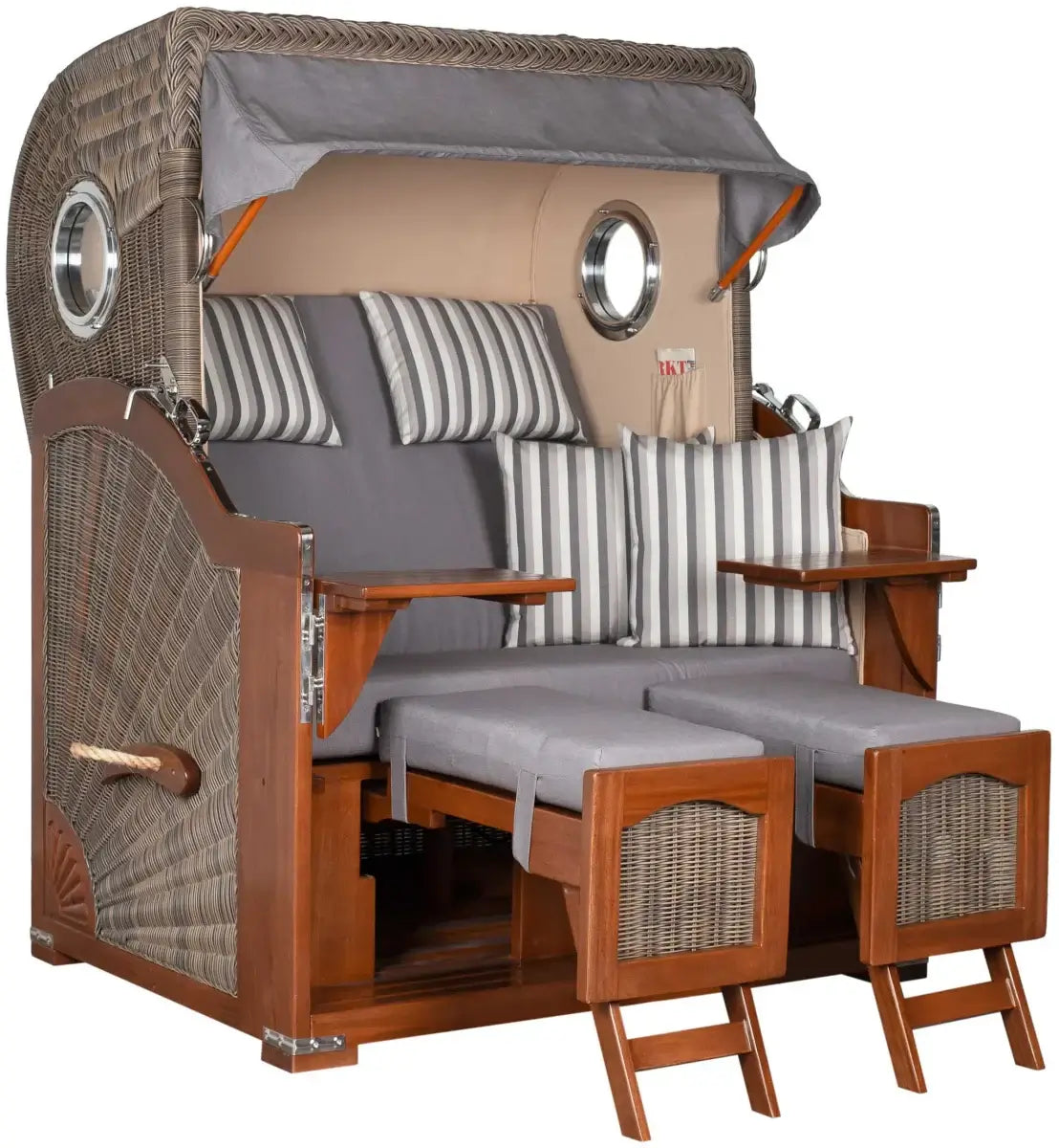 Strandkorb Mr. Deko Düne Bullaugen Mahagoni PE grey 2-Sitzer mit entspannendem Design und gemütlicher Ausstattung.