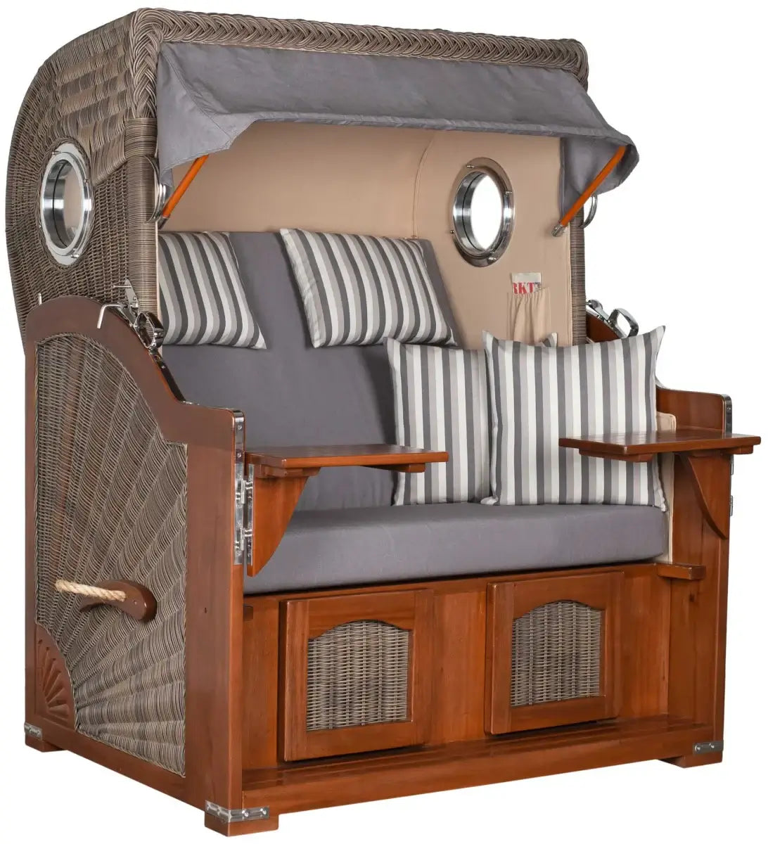 Strandkorb Mr. Deko Düne Bullaugen Mahagoni PE grey 2-Sitzer mit luxuriösem Design und Gemütlichkeit.