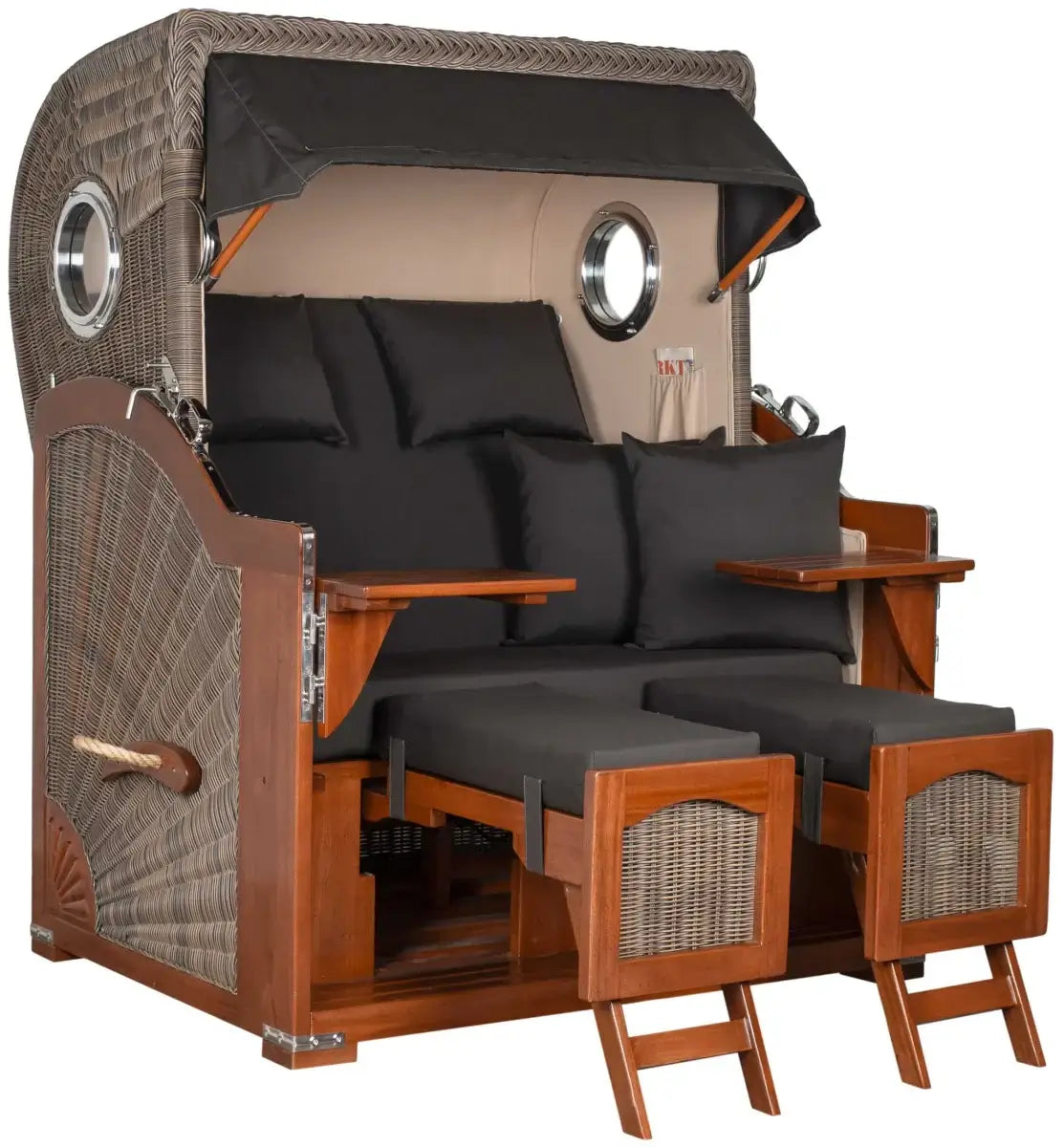 Strandkorb Mr. Deko Düne Bullaugen Mahagoni PE grey 2-Sitzer mit luxuriösem Design und gemütlicher Sitzgelegenheit.