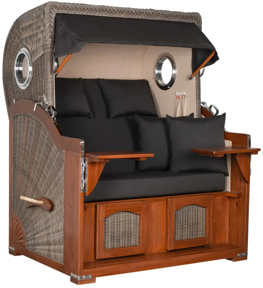 Strandkorb Mr. Deko Düne Bullaugen Mahagoni PE grey 2-Sitzer mit komfortablen Kissen und stylischem Design.