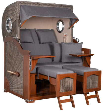 Strandkorb Mr. Deko Düne Bullaugen Mahagoni PE grey 2-Sitzer mit luxuriösem Design und bequemem Sitzplatz.