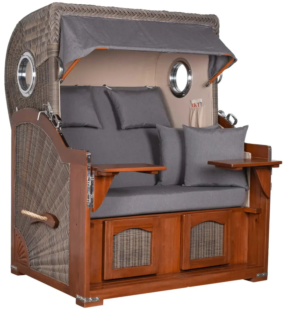 Strandkorb Mr. Deko Düne Bullaugen Mahagoni PE grey Zweisitzer mit luxuriösem Design und gemütlichem Ambiente.