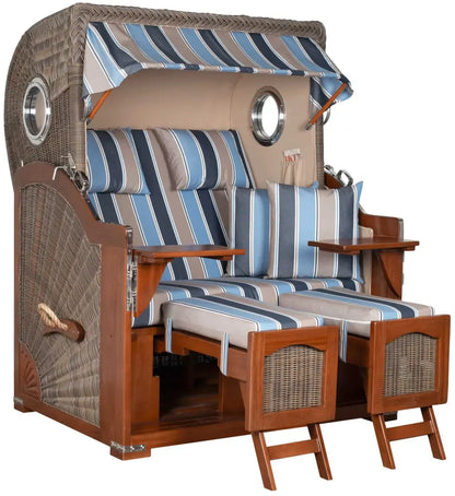 Strandkorb Mr. Deko Düne Bullaugen Mahagoni PE grey 2-Sitzer mit gemütlichem Design und luxuriösem Sitzkomfort.
