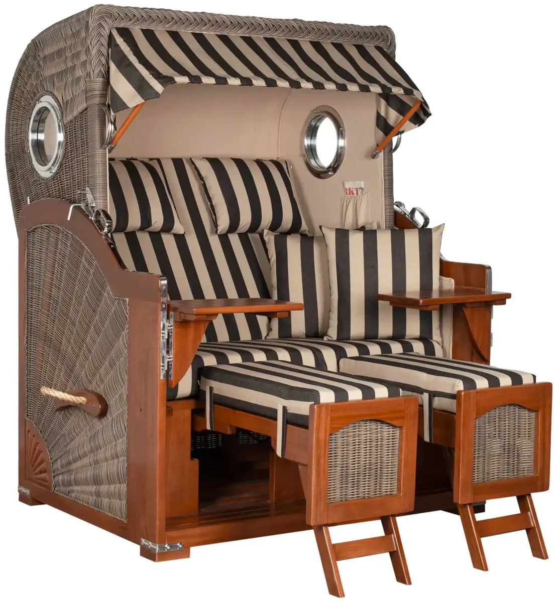 Strandkorb Mr. Deko Düne Bullaugen Mahagoni PE grey 2-Sitzer mit stilvollen Streifen und luxuriösem Design.