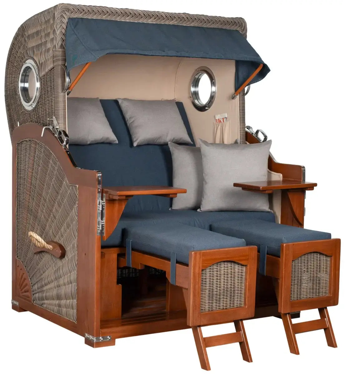 Strandkorb Mr. Deko Düne Bullaugen Mahagoni PE grey 2-Sitzer mit komfortablen Kissen und Holzdetails